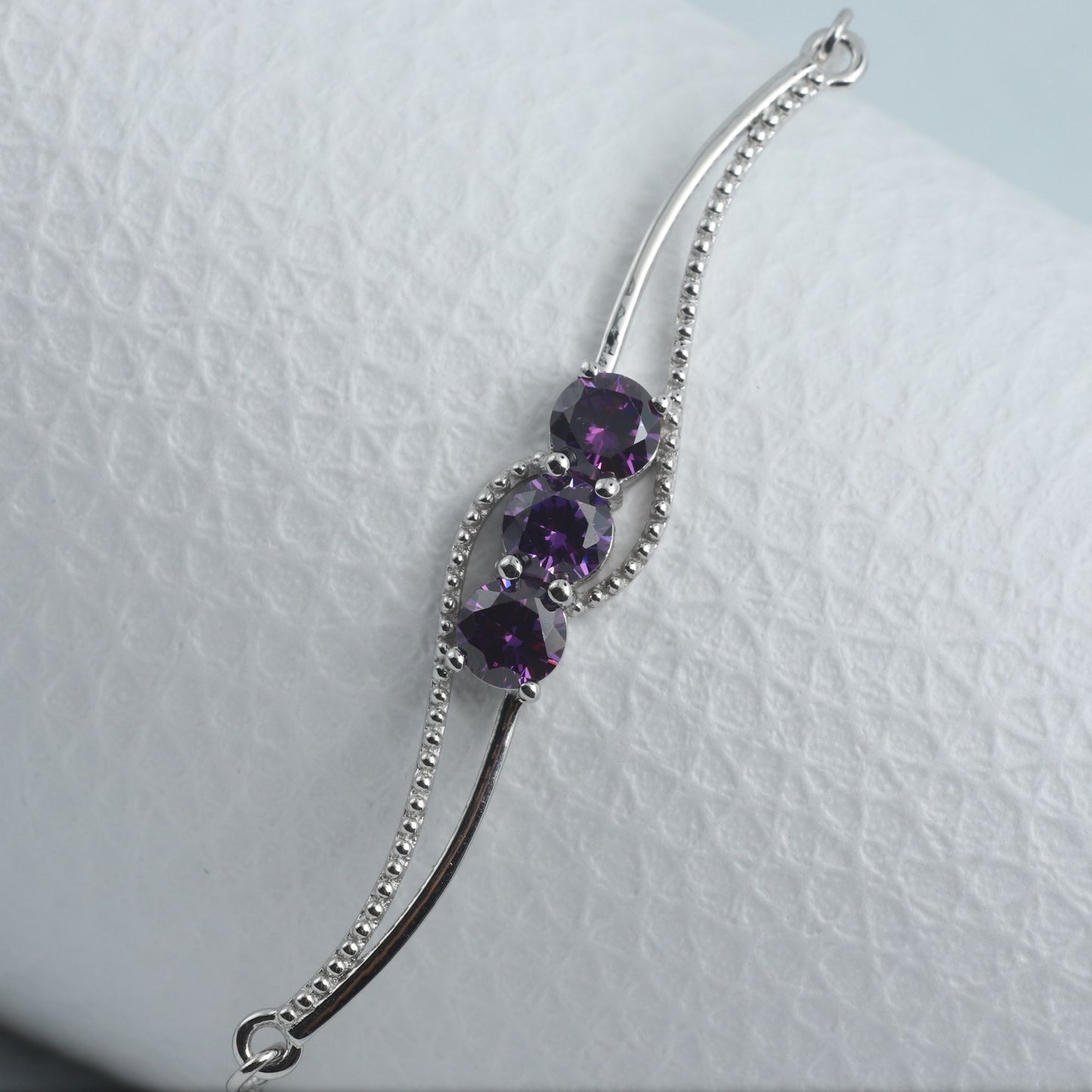 AMETHYST ZIRCONIA THREE STONE BOLO BRACELET - STERLING SILVER