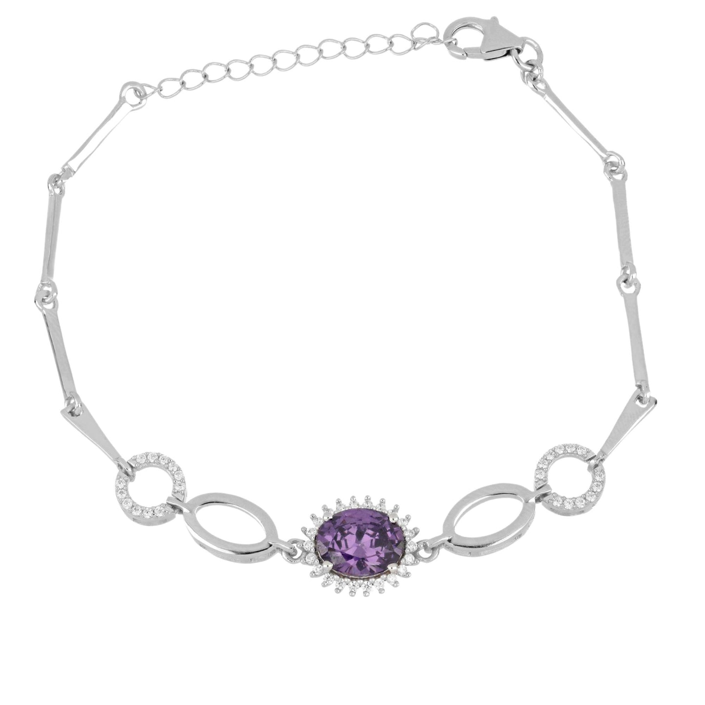 AMETHYST SOLITAIRE AND WHITE ZIRCONIA LINK LINE BRACELET - STERLING SILVER
