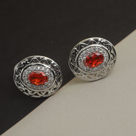 GARNET ZIRCONIUM ROUND EARRINGS - STERLING SILVER