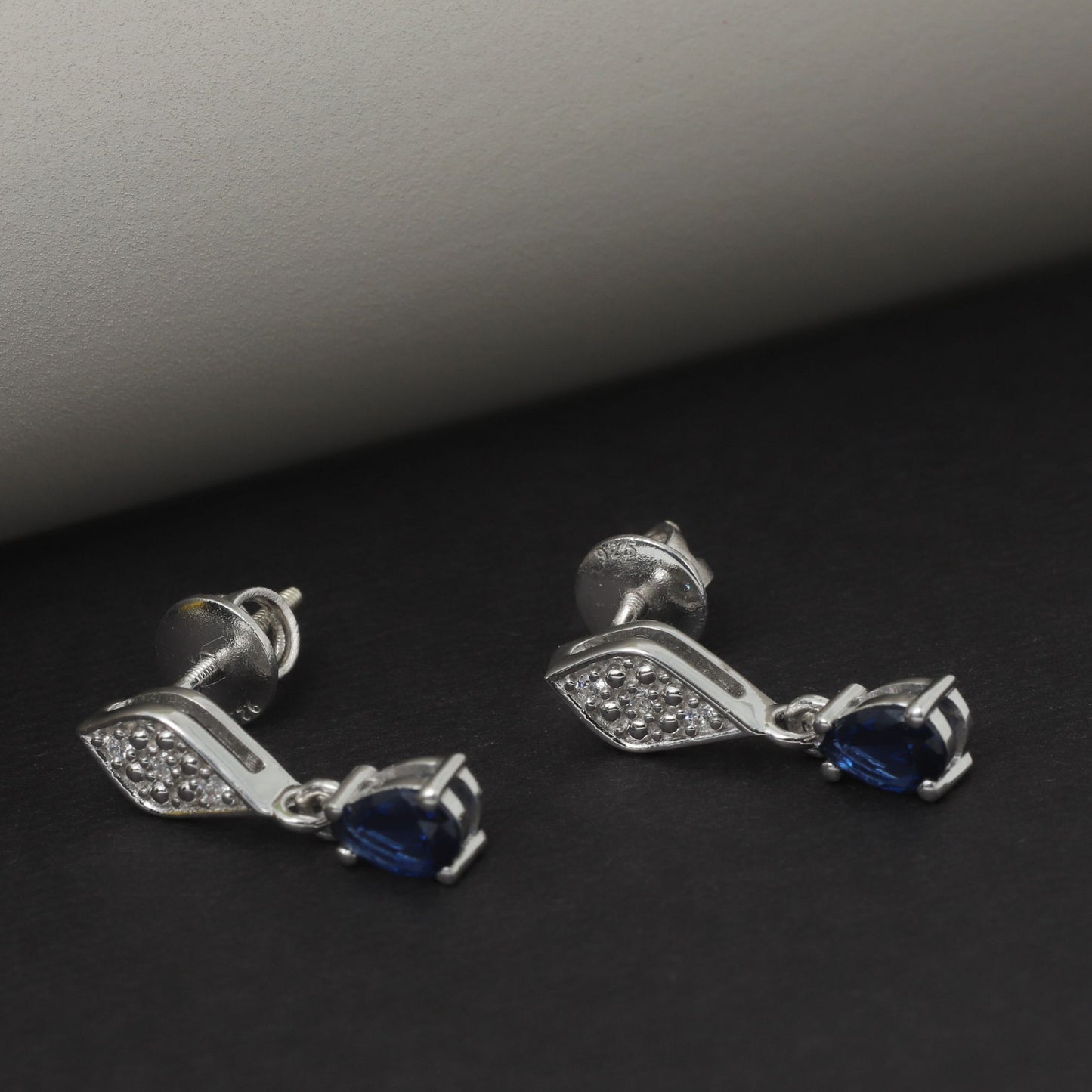 NANO SAPPHIRE SOLITAIRE AND WHITE ZIRCONIA DROP EARRINGS - STERLING SILVER