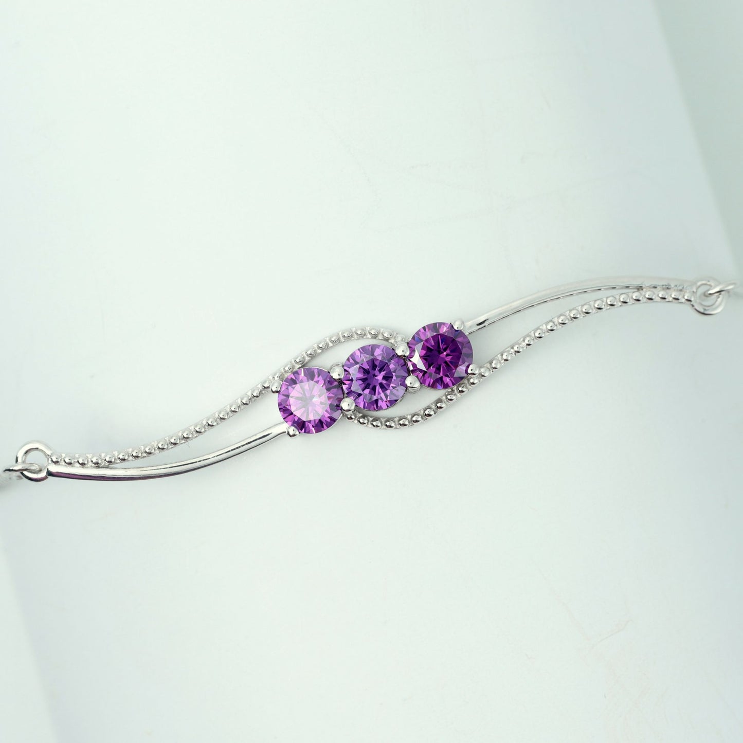 AMETHYST ZIRCONIA THREE STONE BOLO BRACELET - STERLING SILVER