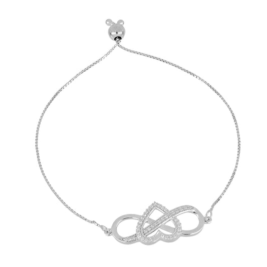 INFINITY HEART BOLO BRACELET WITH WHITE ZIRCON STONES - STERLING SILVER