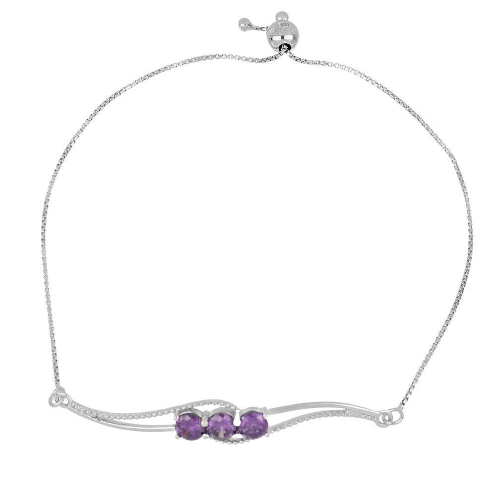 AMETHYST ZIRCONIA THREE STONE BOLO BRACELET - STERLING SILVER