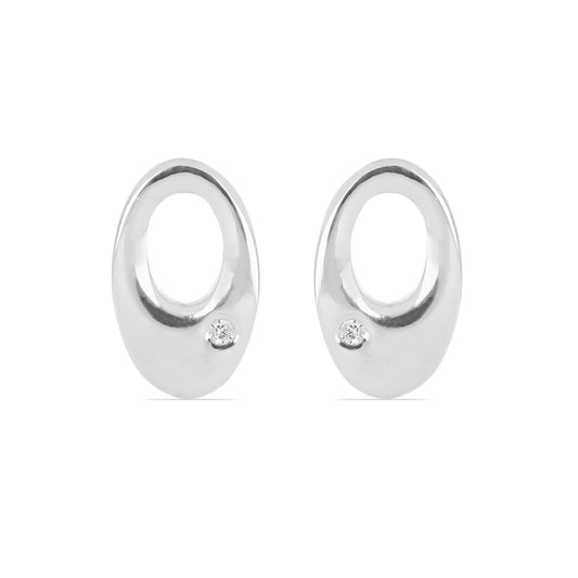 OVAL EARRINGS WITH EMBEDDED STONE, LARGE - STERLING SILVER