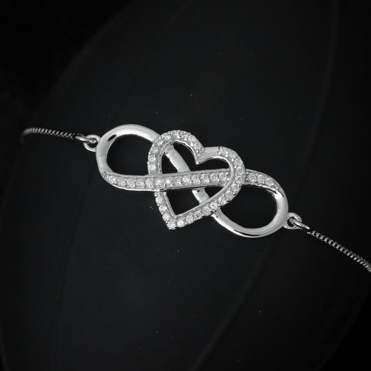 INFINITY HEART BOLO BRACELET WITH WHITE ZIRCON STONES - STERLING SILVER